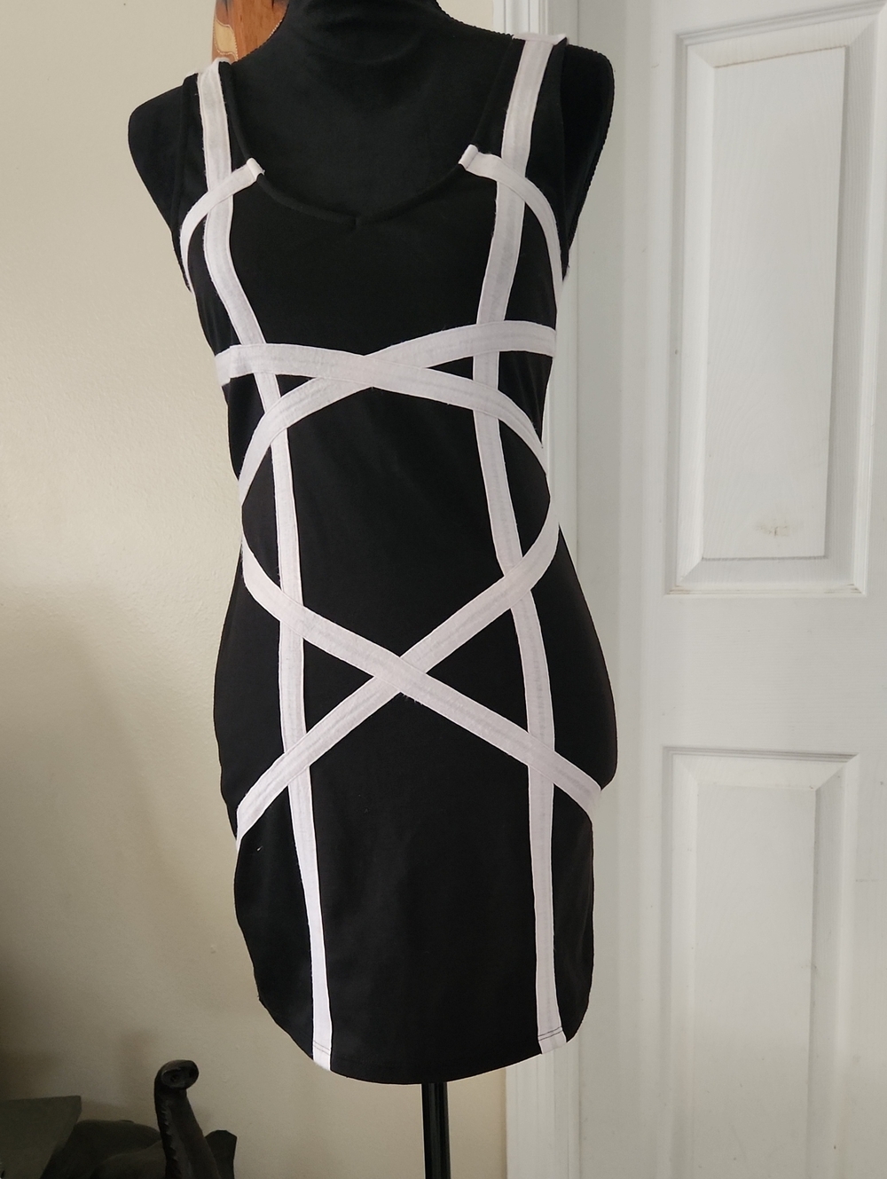 Black Bodycon Mini Dress with White Geometric Straps